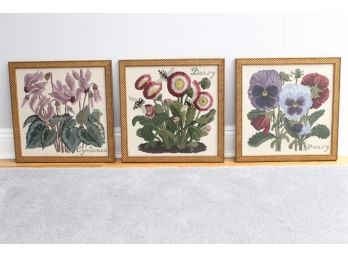 Botanical Cross Stitch Trio Including Cyclamen, Daisy, And Pansy