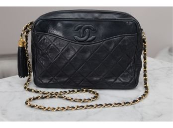 CHANEL Black Quilted Lambskin Leather Diamond Stitched Handbag With Authenticity Card