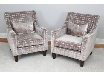 Pair Of Gray & White Checker Pattern Velvet Arm Chairs 29 X 28 X 33