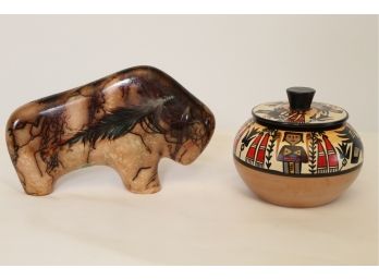 Javajo Style Horse Hair Buffalo Figurine And Navajo Style Lidded Wooden Jar