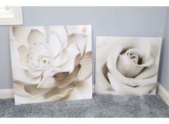 Two Beautiful Large White Flower Fracture Glass Prints - 36 X 36 & 30 X 30