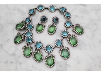 Stunning Kenneth Jay Lane Blue & Green Crystal Multi Station Statement Necklace & Matching Earrings -36