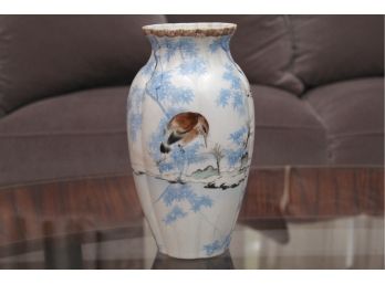 Beautiful Antiqued Style Blue And White Bird Motif Hand Painted Asian Vase