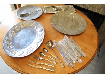 Assortment Of Silver Colored Serving Trays Including Large Reed And Barton Utensils