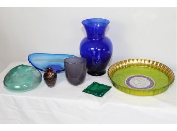 Lovely Assortment Of Colored Glass Including Cobalt Blue Vase, Serving Bowl And More