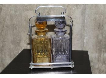 (2) Colored Glass Decanters With Stand