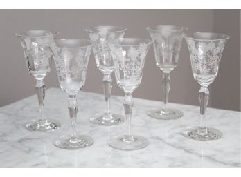 Set Of 6 Etched Crystal Wine Glasses