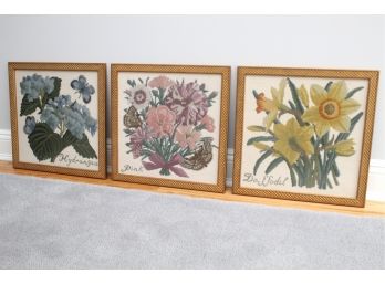 Botanical Cross Stitch Trio Including Hydrangea, Pink, And Daffodil 18 X 18