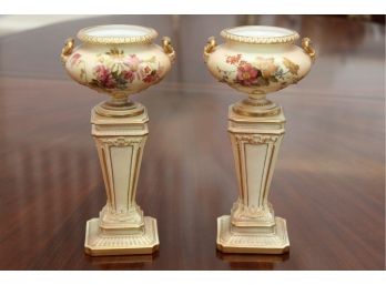Pair Of Antique Royal Worchester Blush Ivory Jardiniere Pedestal Vases