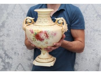 Large Antique Royal Worchester Blush Ivory Footed Vase With Dual Mask Handles