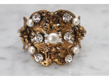 Vintage Cherub Decorated Faux Pearl And Rhinestone Cuff Bracelet -40