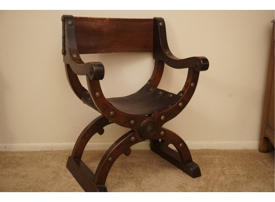 Vintage Italian X Frame Studded Leather Chair In Oak Wood 24 X 15 X 34