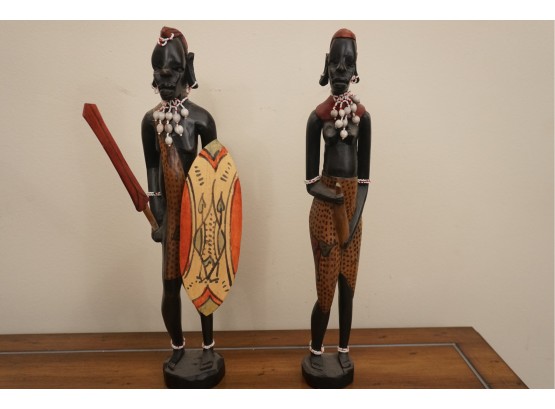 Vintage African Hardwood Bust Pair Of Tribal People
