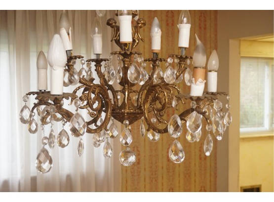 Antique Nine Light Brass And Drop Crystal French Cherub Chandelier  (36 Inch Drop X 26 Inches Wide)