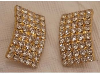 Vintage Pair Of Gold Colored Rhinestone Clip On Earrings