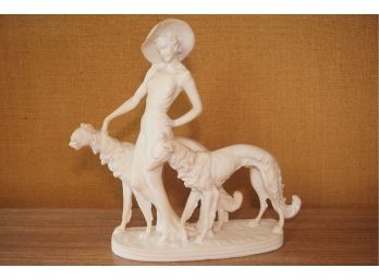 Lady With Dogs Ceramic Sculpture (chip On One Dogs Face View Photo)