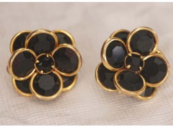 Pair Of Gold Tone Black Floral Clip On  Earrings