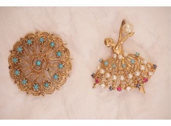 Pair Of Gold Colored Beaded Brooches