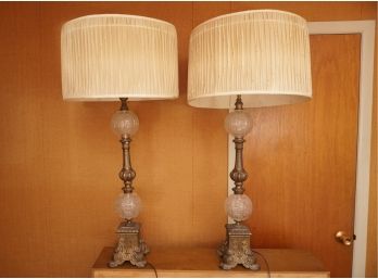 Pair Of Brass Footed Lamps With Glass Sphere Stem 31 Inches Tall