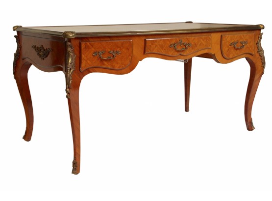 French Louis XV Style Trouvailles Inc. White Leather Top Desk With Brass Accents (See Details) 63 X 32 X 31