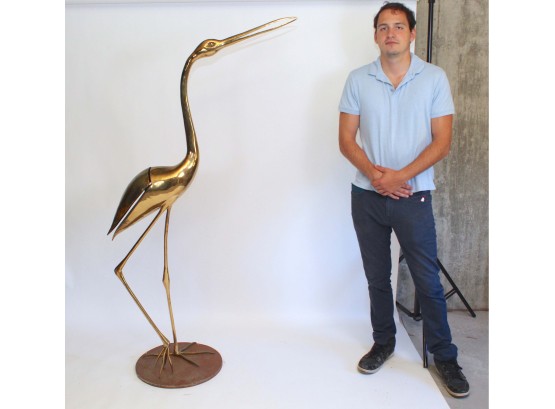 Vintage Life Size Brass Crane Statue Signed & Numbered 36 X 18 X 68 1/2