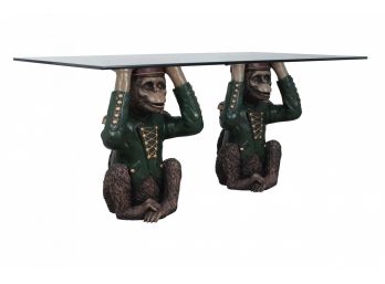 Vintage Dezine Hand Painted Dual Bellhop Monkey Pedestal Glass Coffee Table 47'L X 26'W X
