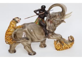 Large Ceramic African Warrior Riding Elephant Statue