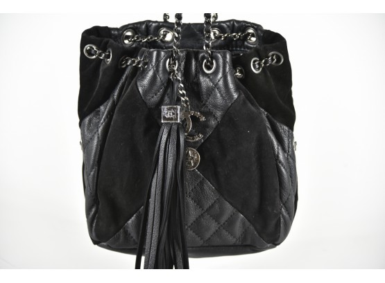 Chanel Black Leather CC Bundle Ruthenium Drawstring Bag With Authenticity Card Dust Bag And Box(GCB32)