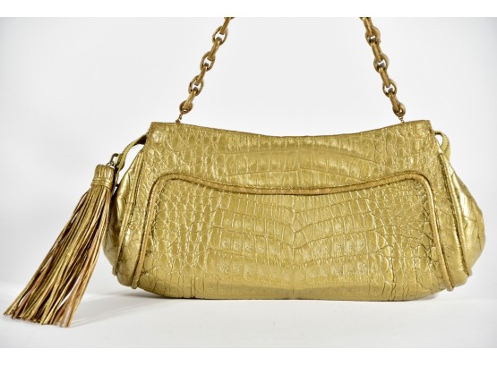 Nancy Gonzalez Genuine Crocodile Metallic Gold Clutch With Removable Strap And Authenticity Tag (GCB17)