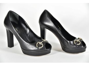 Gucci Horse Bit Black Leather Open Toe Heels Womans Size 36.5 (GCS6)