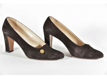Chanel CC Button Brown Suede Classic Heels Size 37 (GCS9)