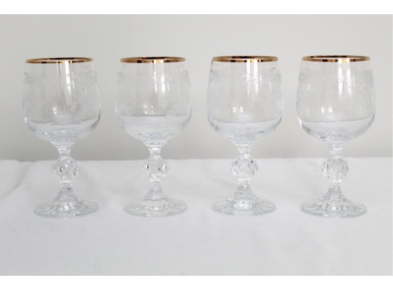 Set Of 16 Etched Crystal Wine Glasses With Gold Trim