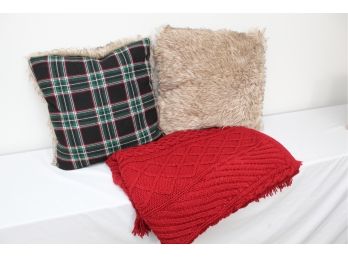 Pair Of Plaid Fur Pillows & Pottery Barn Throw Blanket -47