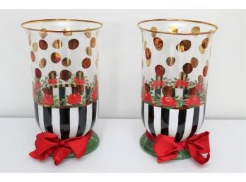 Pair Of Mackenzie Childs Hurricane Candle Holders With Red Pillar Candles -6