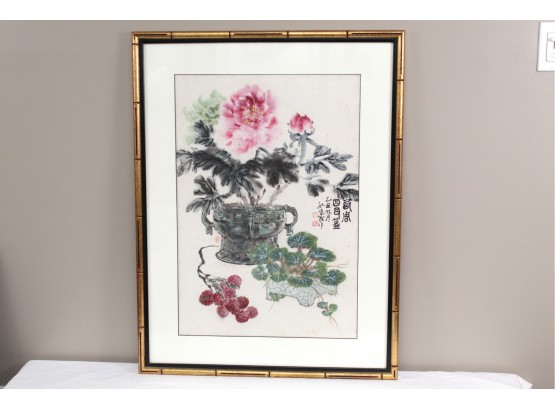 Asian Flower Print With Bamboo Style Frame 26 1/2 X 34