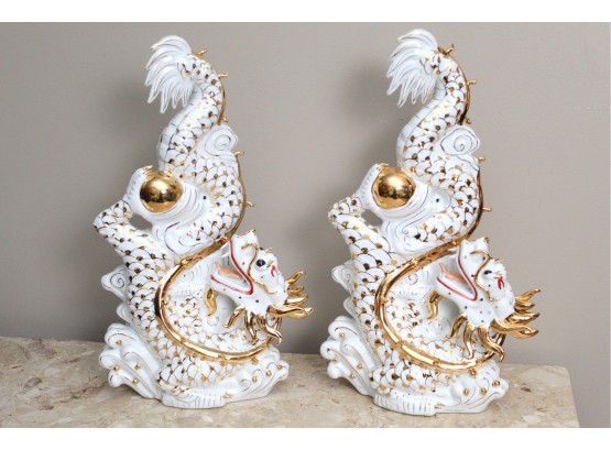 Pair Of Porcelain Dragon Statues