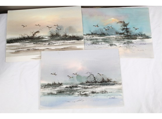 Trio Of Flying Duck Paintings (Unframed) 14 1/2 X 11