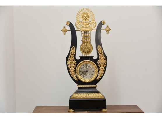 Antique Brass Harp French Mantle Clock