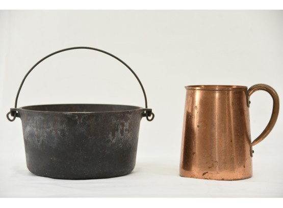 Vintage Cast Iron Bean Pot And Copper Pitcher
