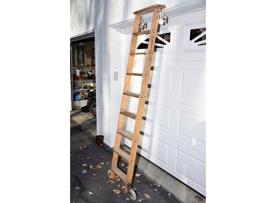Antique 19th Century Cotterman Oak Wood Rolling Library Ladder - Cool Piece !