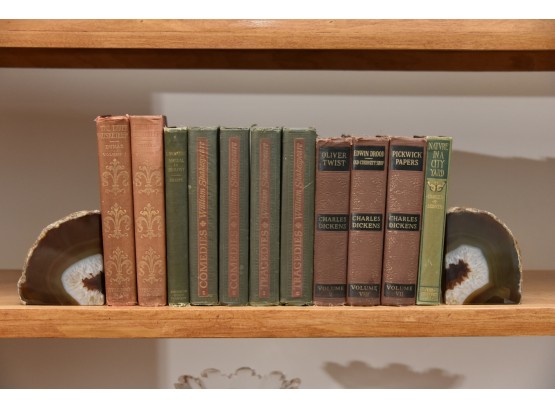 Antique Book Collection With Geode Bookends