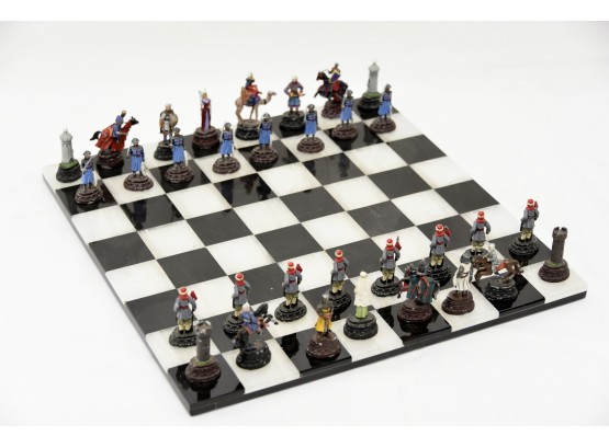 Black And White Marble Chess Board With Ornate  Pieces READ