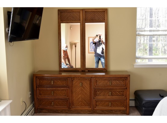 Vintage Oak Long Dresser With Mirrors