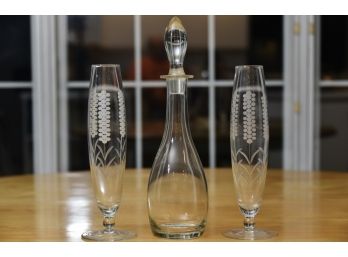 Pair Of Etched Glasses With Decanter