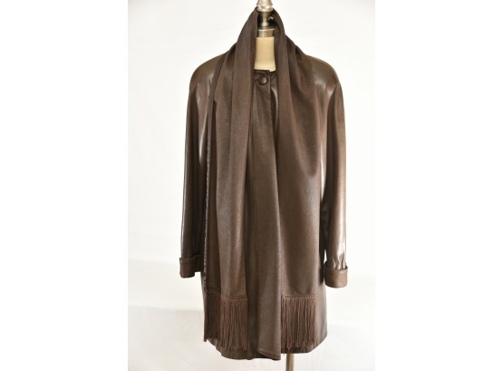 Sibylle Lyn Brown Leather Coat With Scarf Size 8