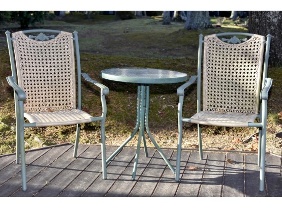 Pair Of Green Aluminum Wicker Chairs With Side Table