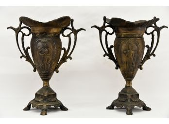 Pair Of Figural Dual Handle Cast Iron Footed Vases
