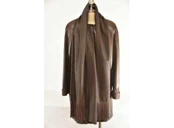 Sibylle Lyn Brown Leather Coat With Scarf Size 8