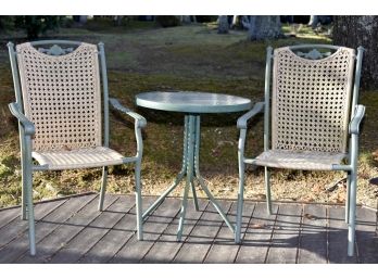 Pair Of Green Aluminum Wicker Chairs With Side Table