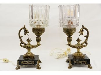 Pair Of Antique Brass Dragon Electric Candle Lamps With Marble Base